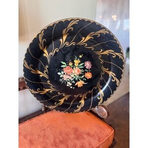 Vintage Toleware Metal Serving Tray Large 19"  Round Black Gold Floral Platter